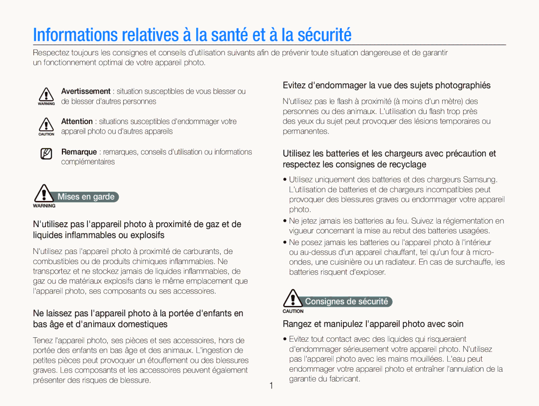 Samsung EC-ST500ZBASE1 Informations relatives à la santé et à la sécurité, Rangez et manipulez lappareil photo avec soin 