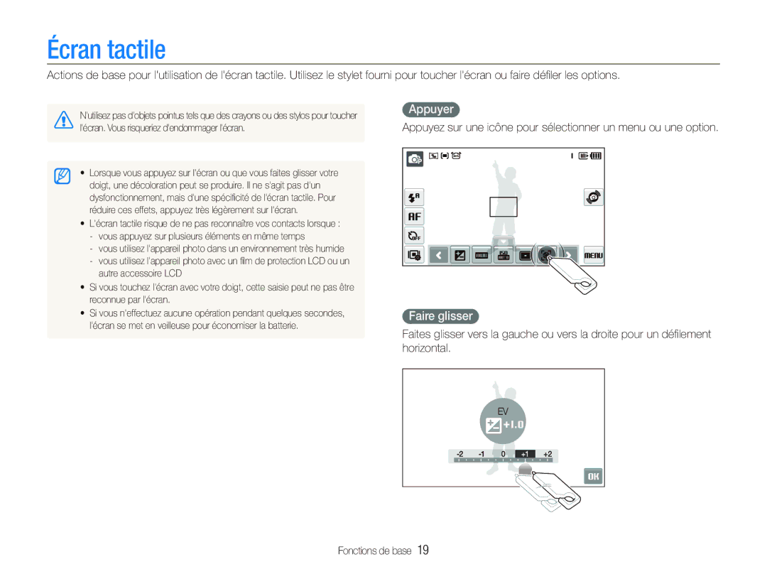 Samsung EC-ST500ZBPSE1, EC-ST510ZBPRE1, EC-ST500ZBPRIT, EC-ST500ZBASE1, EC-ST500ZBPSIT Écran tactile, Appuyer, Faire glisser 