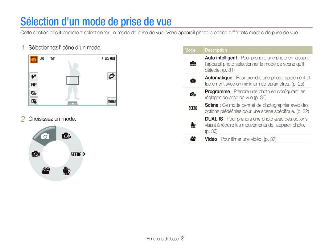 Samsung EC-ST500ZBAAFR manual Sélection dun mode de prise de vue, Sélectionnez licône dun mode Choisissez un mode, Mode 