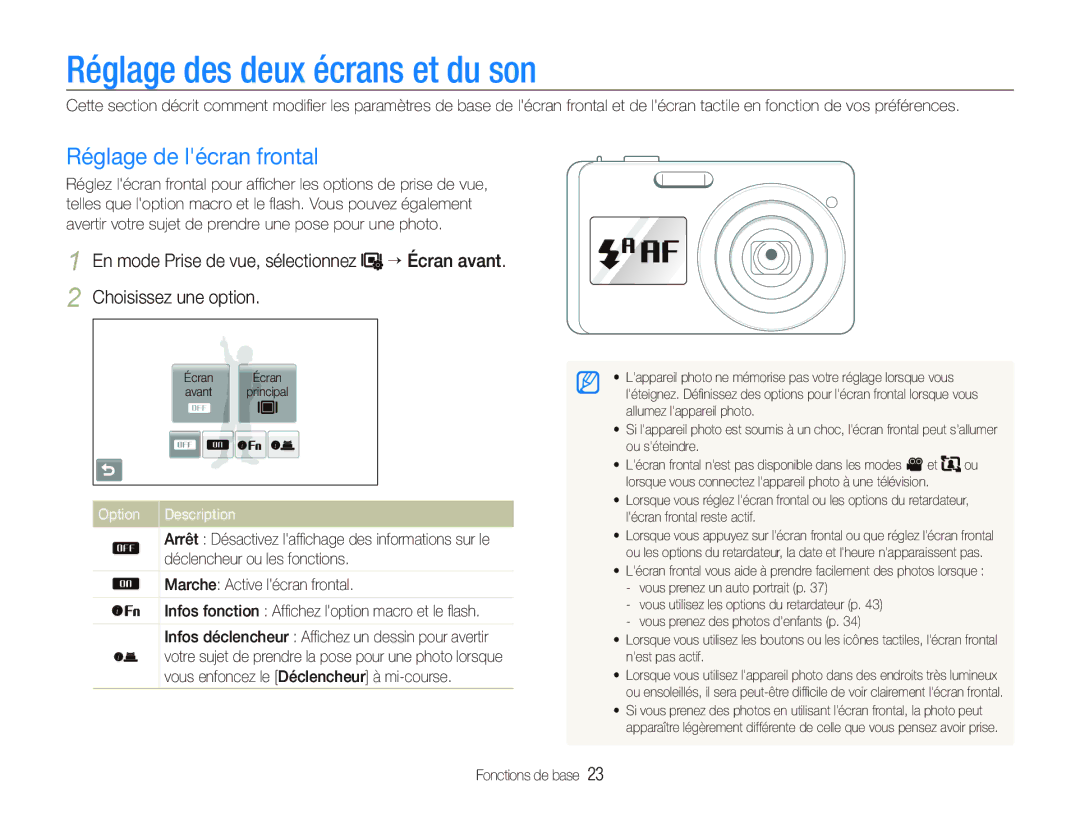 Samsung EC-ST500ZBPRAU, EC-ST510ZBPRE1 Réglage des deux écrans et du son, Réglage de lécran frontal, Option Description 