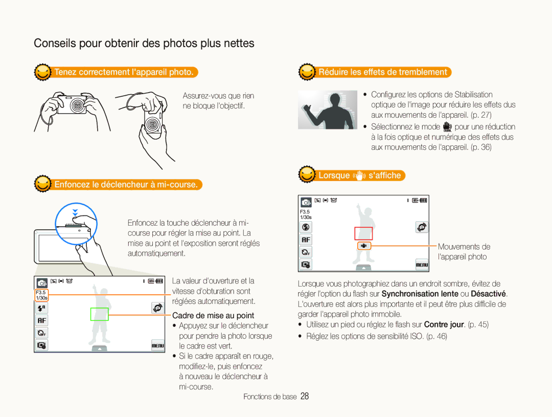 Samsung EC-ST500ZBPSIT manual Tenez correctement lappareil photo, Enfoncez le déclencheur à mi-course, Lorsque h safﬁche 