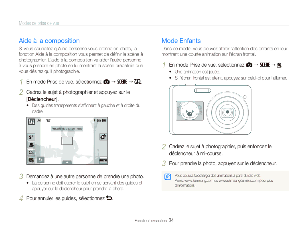 Samsung EC-ST500ZBAAFR manual Aide à la composition, Mode Enfants, Demandez à une autre personne de prendre une photo 