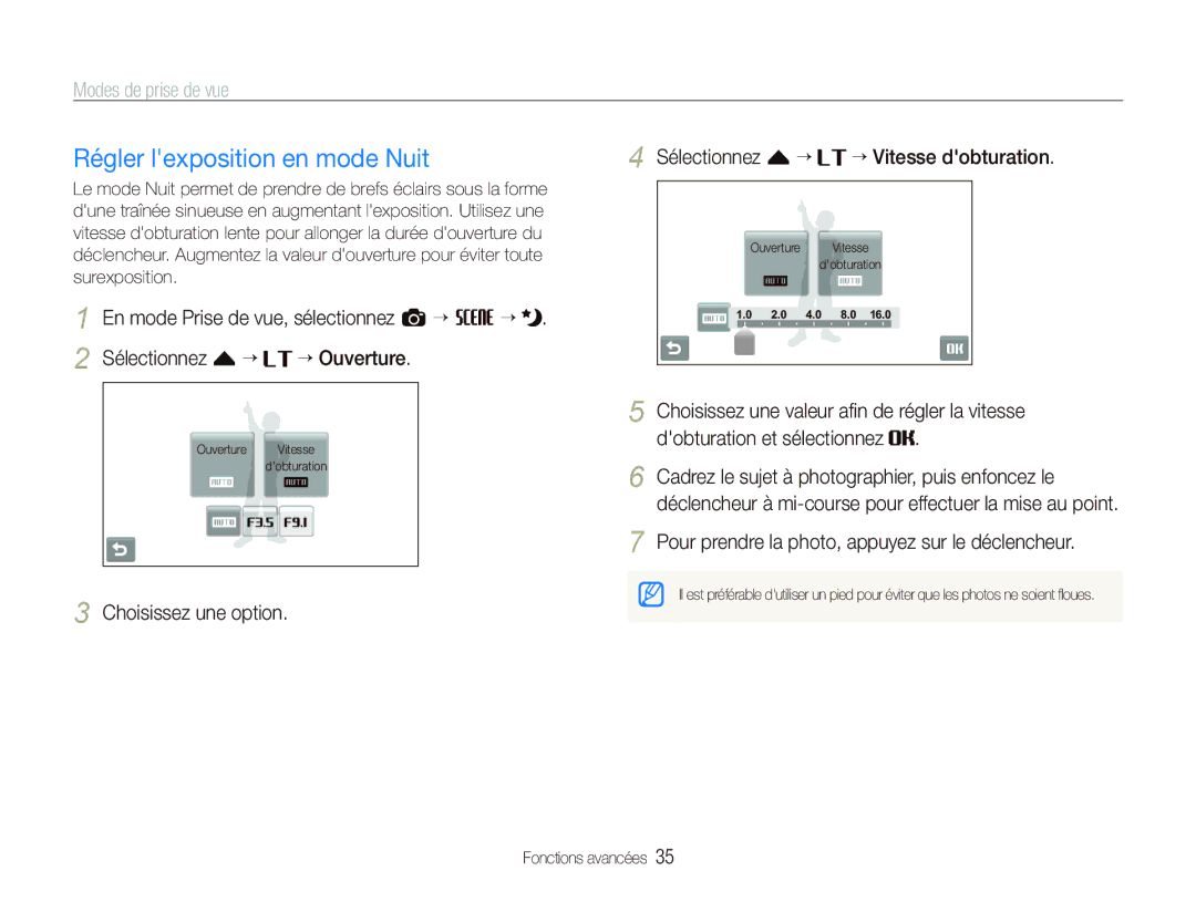 Samsung EC-ST500ZBPRFR manual Régler lexposition en mode Nuit, Choisissez une option Sélectionnez f “ ““Vitesse dobturation 