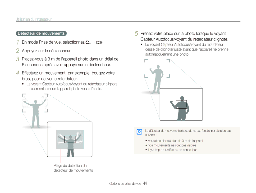 Samsung EC-ST500ZBPSAU, EC-ST510ZBPRE1 Utilisation du retardateur, Appuyez sur le déclencheur, Détecteur de mouvements 