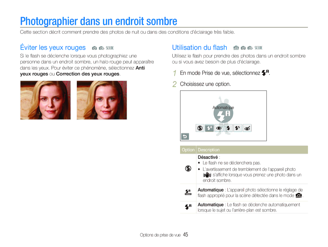 Samsung EC-ST500ZBPSE1 Photographier dans un endroit sombre, Éviter les yeux rouges a p s, Utilisation du ﬂash S a p s 