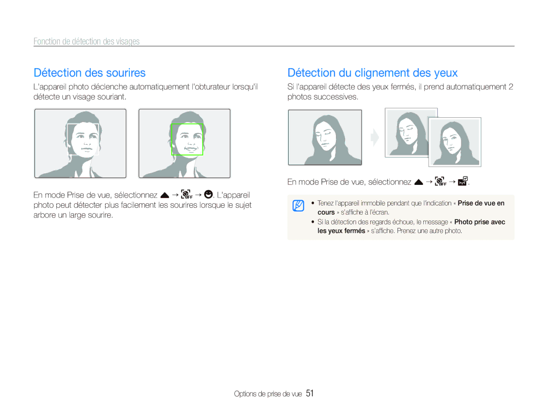 Samsung EC-ST510ZBPRE1 manual Détection des sourires, Détection du clignement des yeux, Fonction de détection des visages 