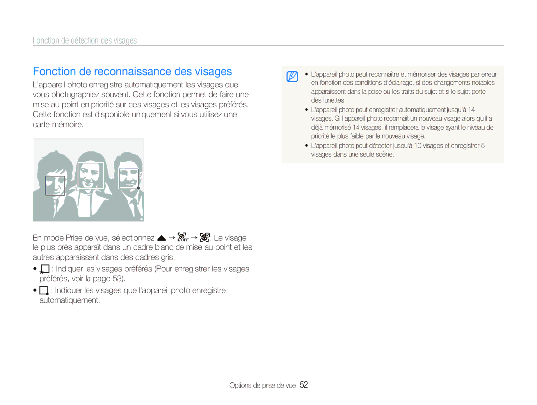 Samsung EC-ST500ZBPRIT, EC-ST510ZBPRE1, EC-ST500ZBASE1, EC-ST500ZBPSIT, EC-ST500ZBPSFR Fonction de reconnaissance des visages 