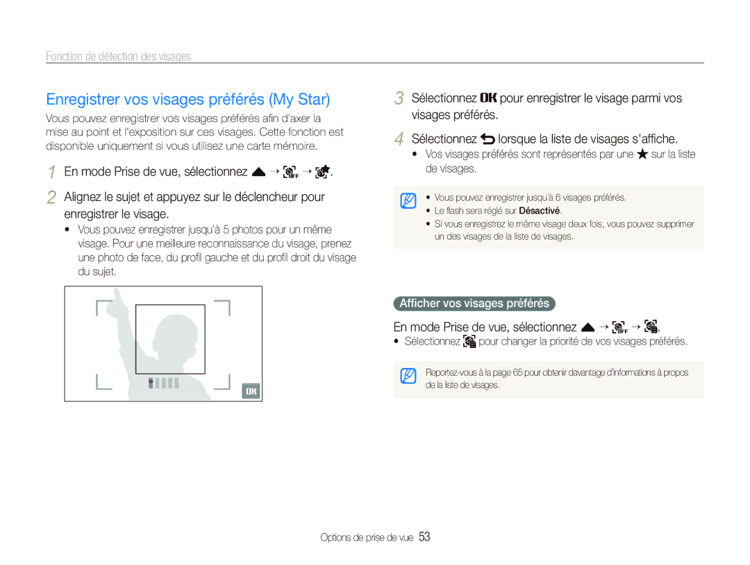 Samsung EC-ST500ZBASE1, EC-ST510ZBPRE1 manual Enregistrer vos visages préférés My Star, Afﬁcher vos visages préférés 