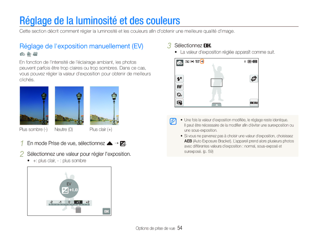 Samsung EC-ST500ZBPSIT Réglage de la luminosité et des couleurs, Réglage de lexposition manuellement EV, Sélectionnez 