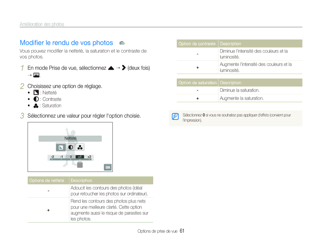 Samsung EC-ST500ZBPRFR manual Modiﬁer le rendu de vos photos p, Amélioration des photos, Option de contraste Description 