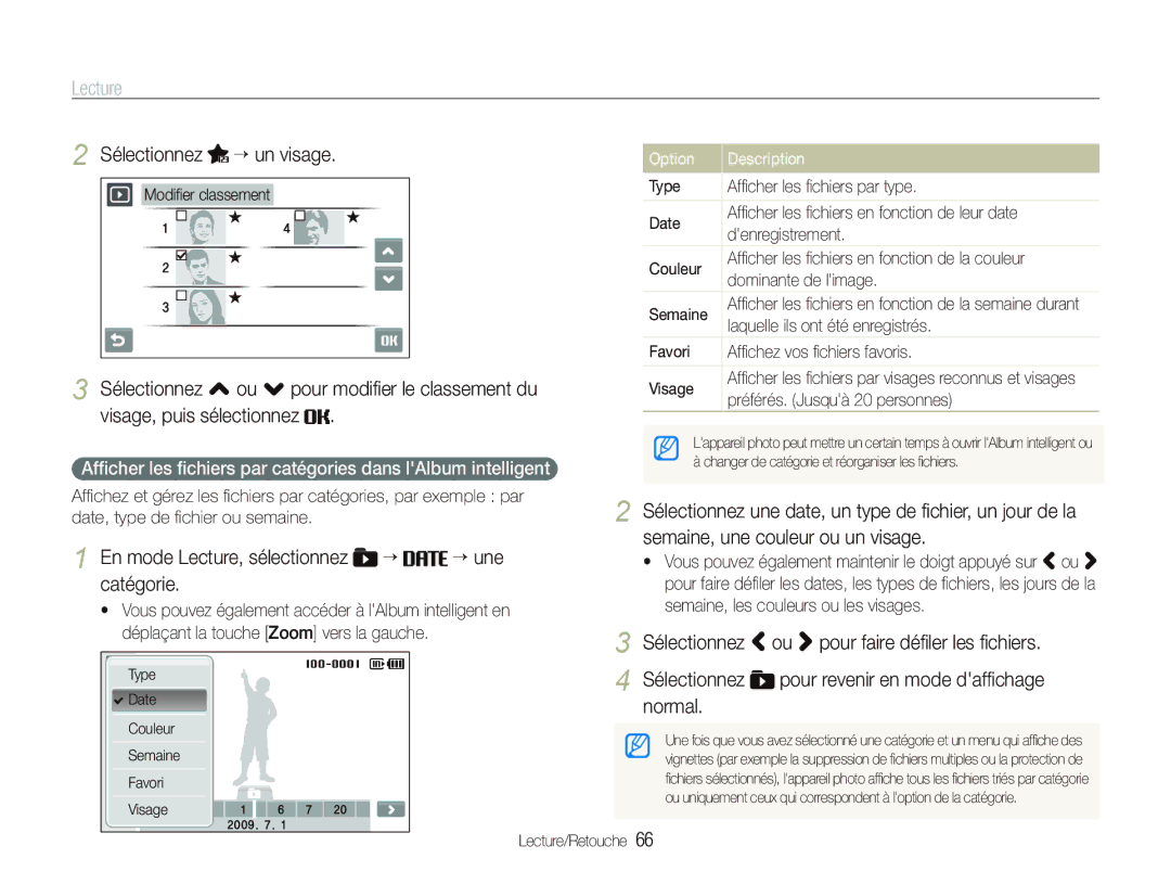 Samsung EC-ST500ZBASE1, EC-ST510ZBPRE1 manual Sélectionnez “ un visage, En mode Lecture, sélectionnez “ “ une catégorie 