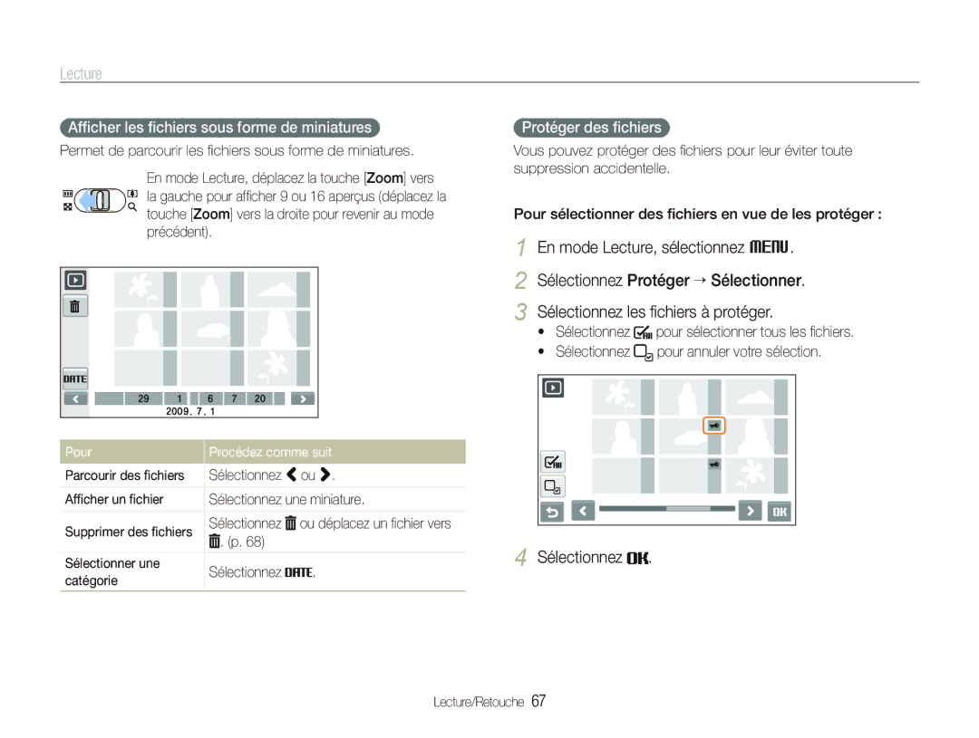 Samsung EC-ST500ZBPSIT manual Afﬁcher les ﬁchiers sous forme de miniatures, Protéger des ﬁchiers, Pour Procédez comme suit 