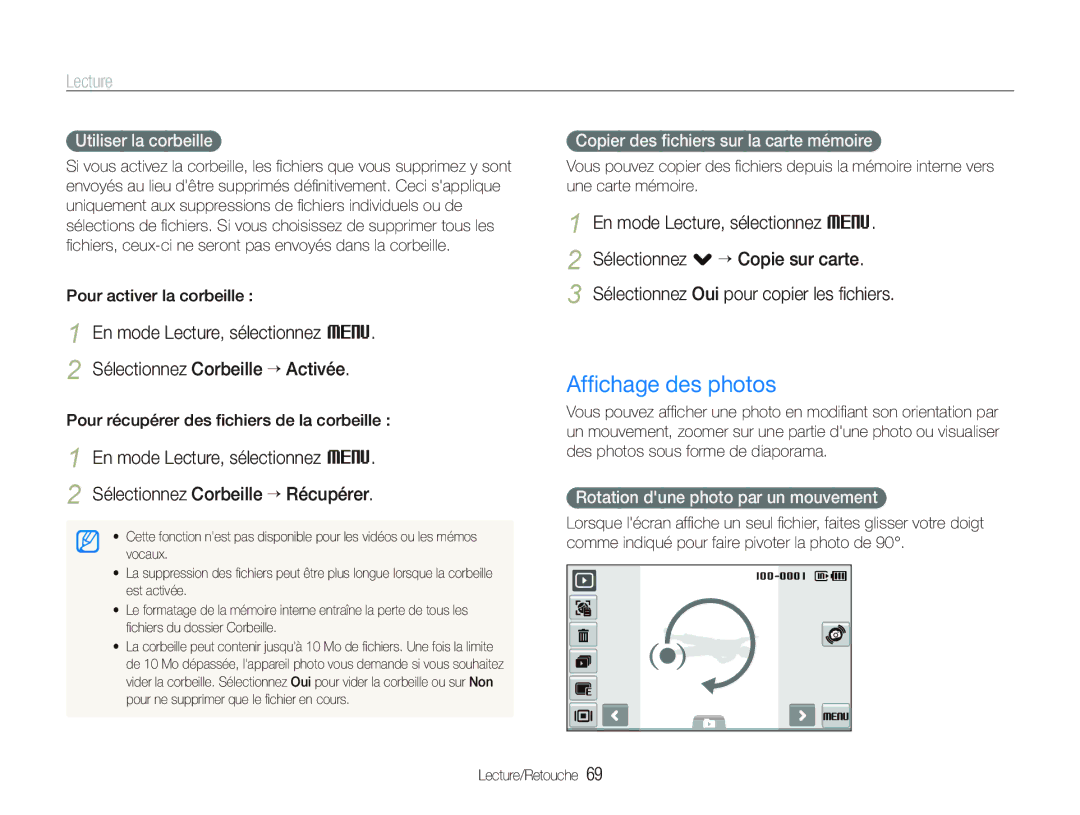 Samsung EC-ST500ZBPUAU, EC-ST510ZBPRE1 Afﬁchage des photos, Utiliser la corbeille, Copier des ﬁchiers sur la carte mémoire 