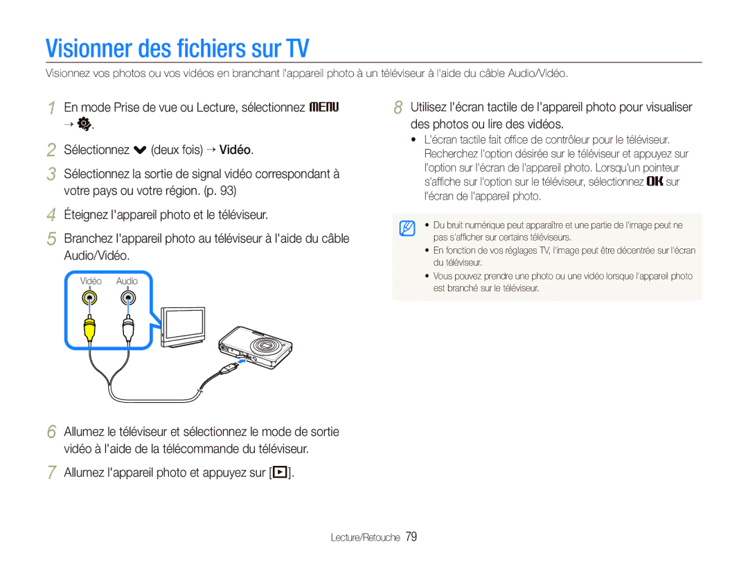 Samsung EC-ST500ZBASE1, EC-ST510ZBPRE1 manual Visionner des ﬁchiers sur TV, Allumez lappareil photo et appuyez sur P 