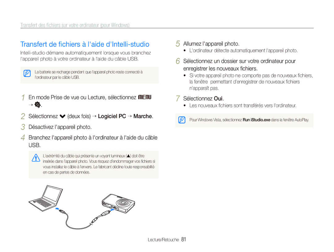 Samsung EC-ST500ZBPSFR, EC-ST510ZBPRE1 manual Transfert de ﬁchiers à laide dIntelli-studio, Allumez lappareil photo 