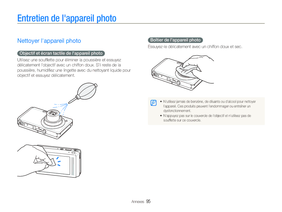 Samsung EC-ST500ZBPUAU, EC-ST510ZBPRE1 Entretien de lappareil photo, Nettoyer lappareil photo, Boîtier de lappareil photo 