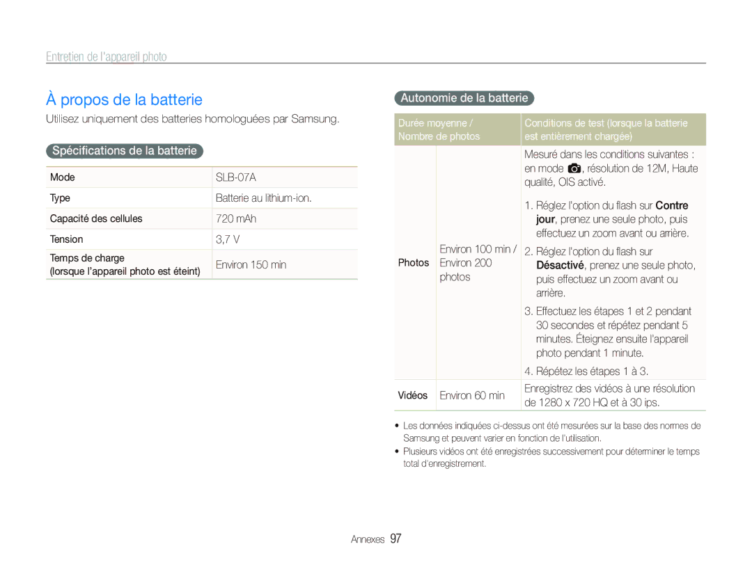 Samsung EC-ST500ZBPSE1 manual Propos de la batterie, Spéciﬁcations de la batterie, Autonomie de la batterie, Durée moyenne 