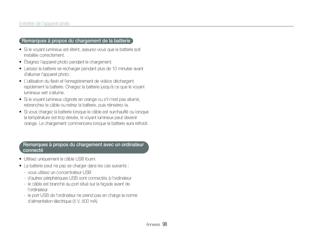 Samsung EC-ST500ZBPRE1, EC-ST510ZBPRE1, EC-ST500ZBPRIT, EC-ST500ZBASE1 manual Remarques à propos du chargement de la batterie 
