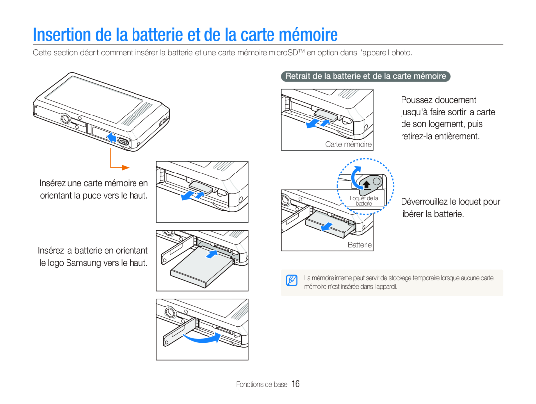 Samsung EC-ST500ZBPSFR Insertion de la batterie et de la carte mémoire, Retrait de la batterie et de la carte mémoire 
