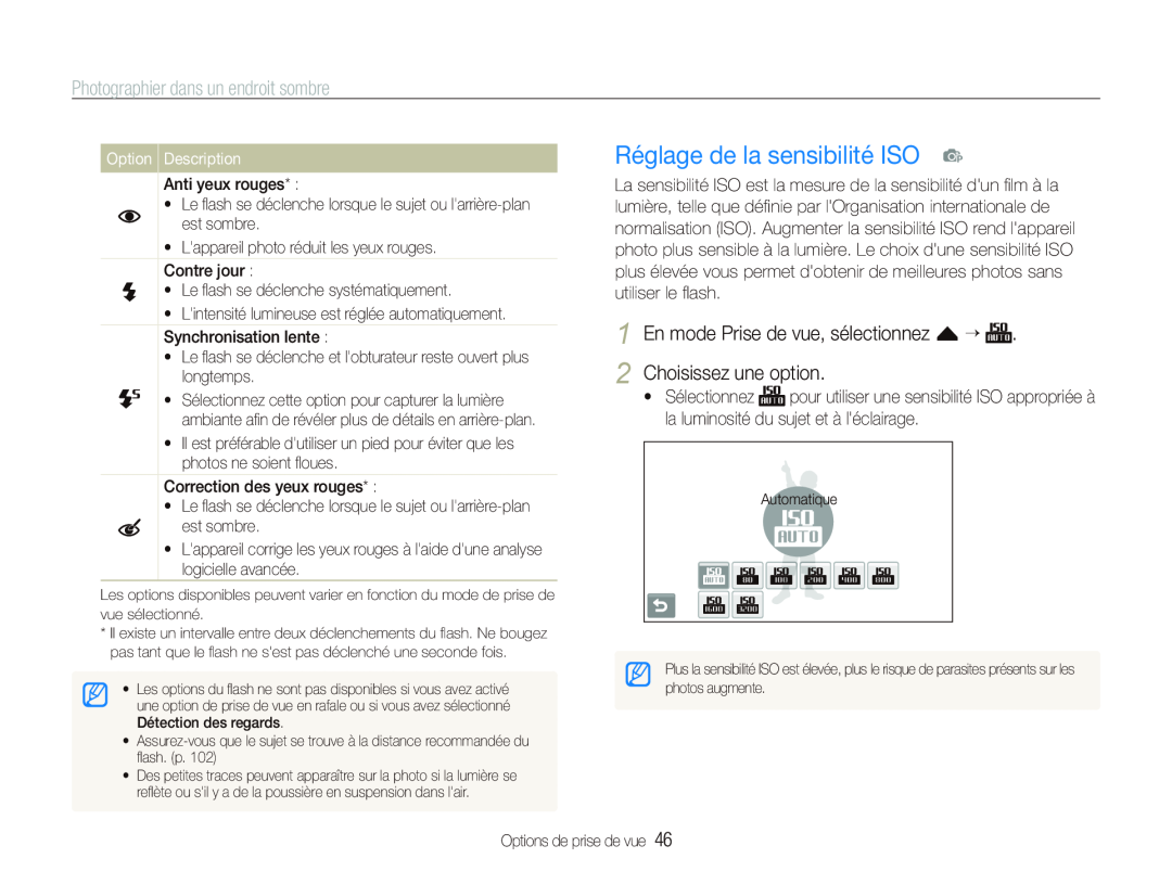 Samsung EC-ST500ZBPRE1 manual Réglage de la sensibilité ISO p, Photographier dans un endroit sombre, Option Description 