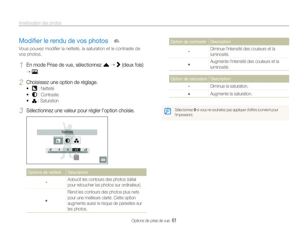 Samsung EC-ST500ZBPRFR manual Modiﬁer le rendu de vos photos p, Amélioration des photos, Choisissez une option de réglage 