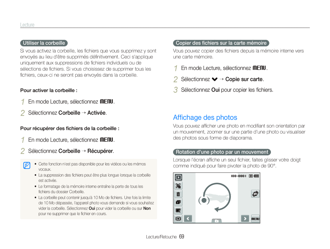 Samsung EC-ST500ZBPUAU manual Afﬁchage des photos, En mode Lecture, sélectionnez M 2 Sélectionnez Corbeille “ Activée 