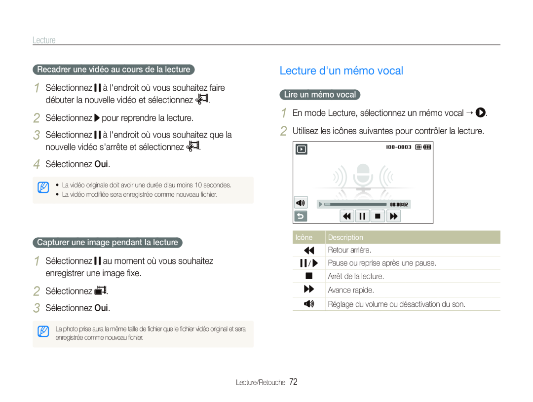 Samsung EC-ST500ZBPRE1 manual Lecture dun mémo vocal, 2 Sélectionnez 3 Sélectionnez Oui, Lire un mémo vocal, Icône 