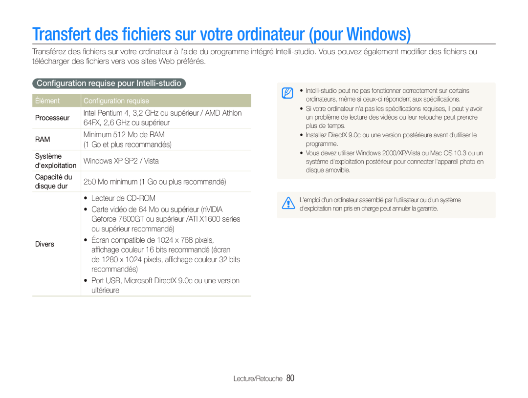 Samsung EC-ST500ZBPSIT Transfert des ﬁchiers sur votre ordinateur pour Windows, Conﬁguration requise pour Intelli-studio 