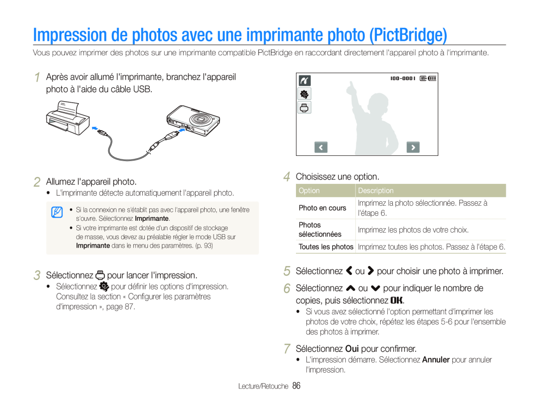 Samsung EC-ST500ZBAAFR manual Impression de photos avec une imprimante photo PictBridge, Allumez lappareil photo, Option 