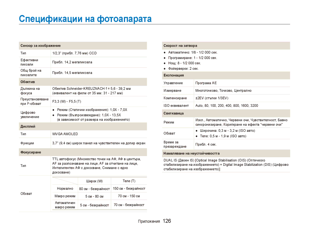 Samsung EC-ST5500BPBE3, EC-ST5500BDBVN manual Спецификации на фотоапарата, Сензор за изображение 