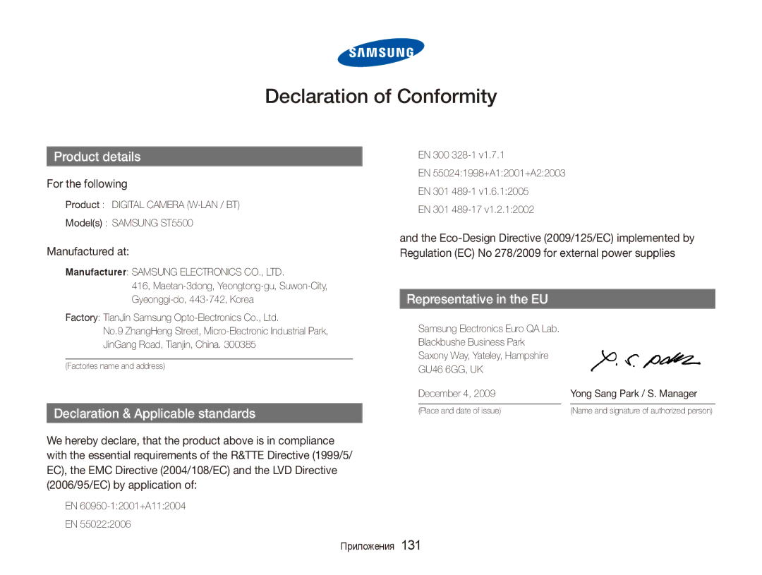 Samsung EC-ST5500BDBVN manual For the following, Manufactured at, Product Digital Camera W-LAN / BT Models Samsung ST5500 