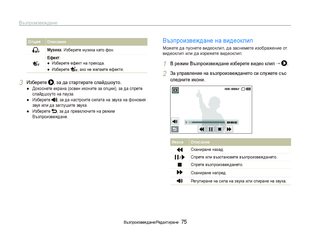 Samsung EC-ST5500BDBVN, EC-ST5500BPBE3 manual Възпроизвеждане на видеоклип, Изберете , за да стартирате слайдшоуто, Ефект 