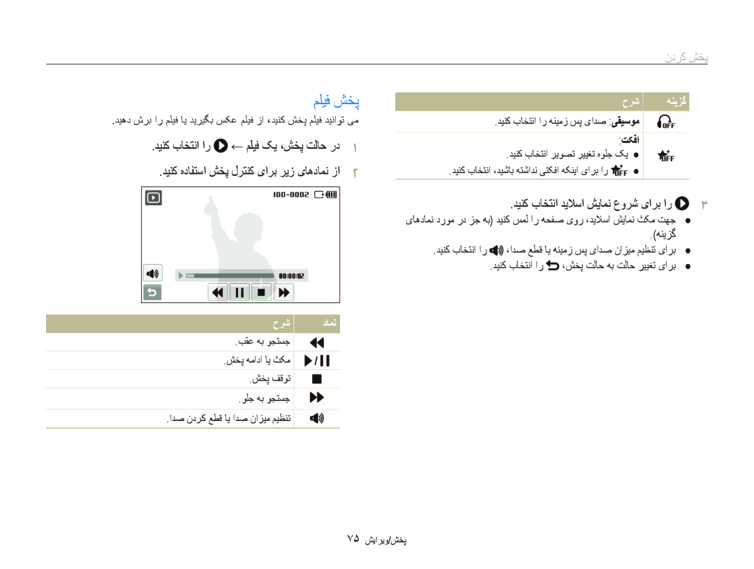 Samsung EC-ST5500DPBME manual ﻢﻠﻴﻓ ﺶﺨﭘ, ﺪﻴﻨﮐ ﺏﺎﺨﺘﻧﺍ ﺪﻳﻼﺳﺍ ﺶﻳﺎﻤﻧ ﻉﻭﺮﺷ یﺍﺮﺑ ﺍﺭ, ﻪﻨﻳﺰﮔ, ﺡﺮﺷ ﺩﺎﻤﻧ ﺐﻘﻋ ﻪﺑ ﻮﺠﺘﺴﺟ ﺶﺨﭘ ﻪﻣﺍﺩﺍ ﺎﻳ ﺚﮑﻣ 