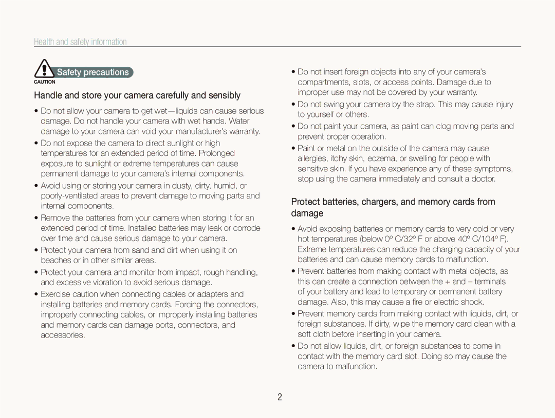 Samsung EC-ST5500BPAIT, EC-ST5500BPBE1 Health and safety information, Handle and store your camera carefully and sensibly 