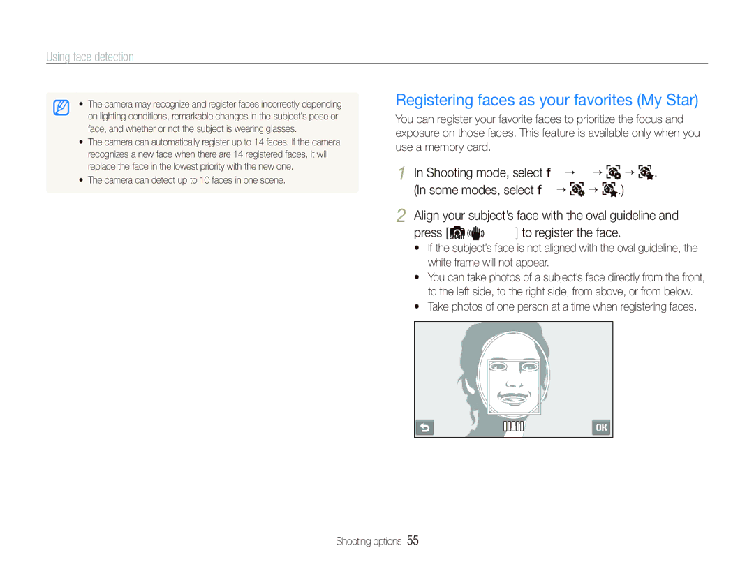 Samsung EC-ST5500BPBSA, EC-ST5500BPBE1, EC-ST5500BPOIT, EC-ST5500BPBIT manual Registering faces as your favorites My Star 