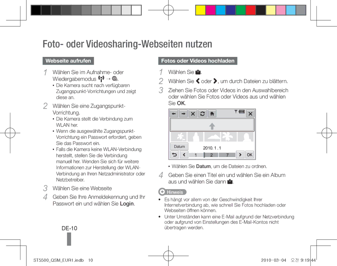 Samsung EC-ST5500BPBE1 Foto- oder Videosharing-Webseiten nutzen, DE-10, Webseite aufrufen, Fotos oder Videos hochladen 