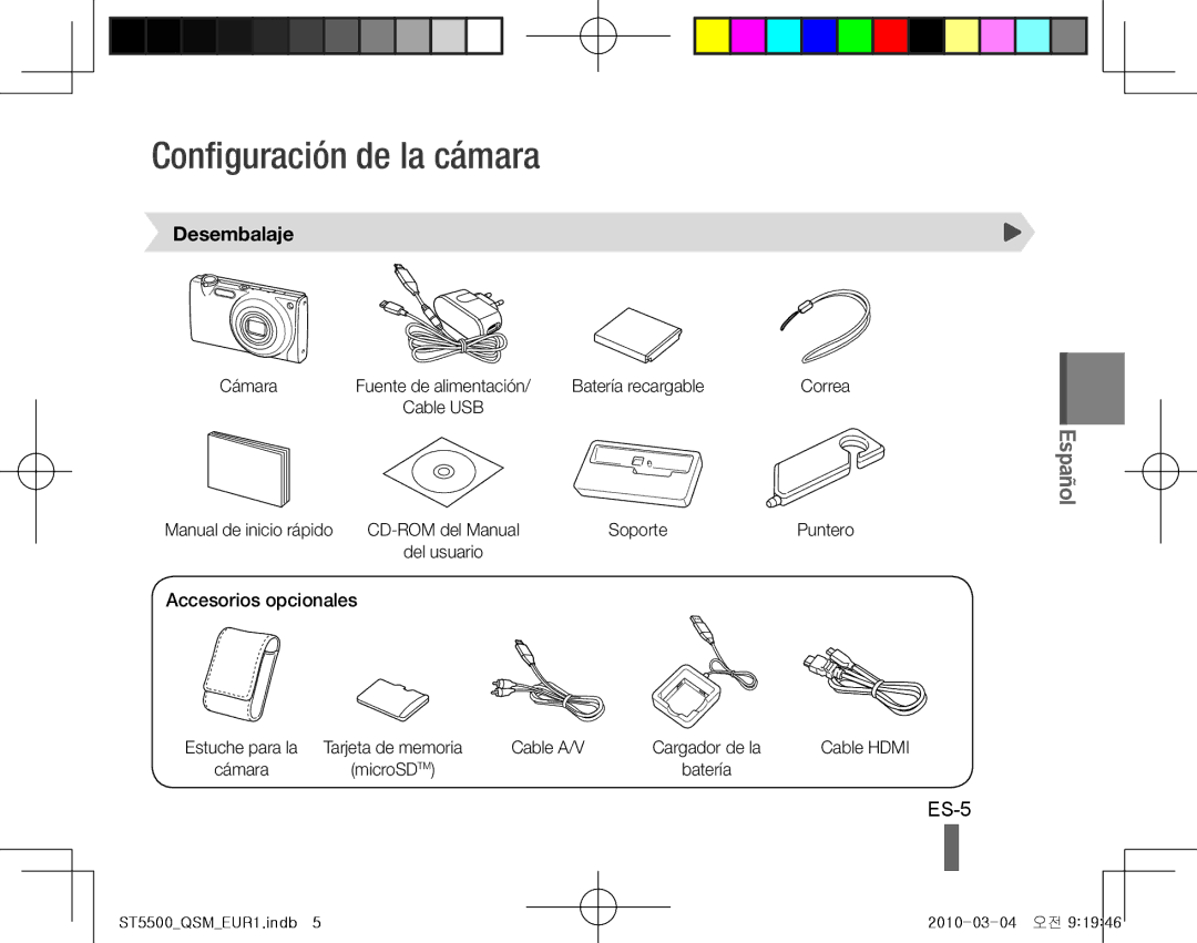 Samsung EC-ST5500BPBRU, EC-ST5500BPBE1, EC-ST5500BPOIT Configuración de la cámara, ES-5, Desembalaje, Accesorios opcionales 