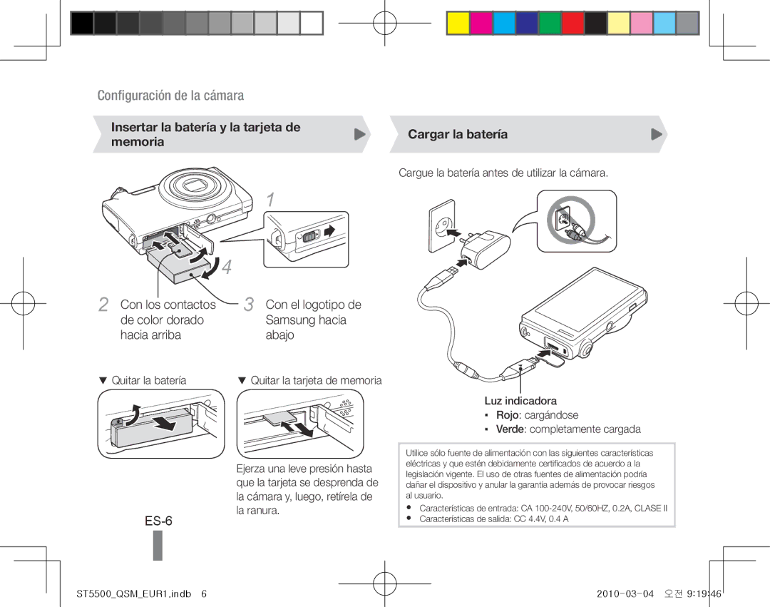 Samsung EC-ST5500BPARU manual ES-6, Insertar la batería y la tarjeta de memoria, Con los contactos, Cargar la batería 