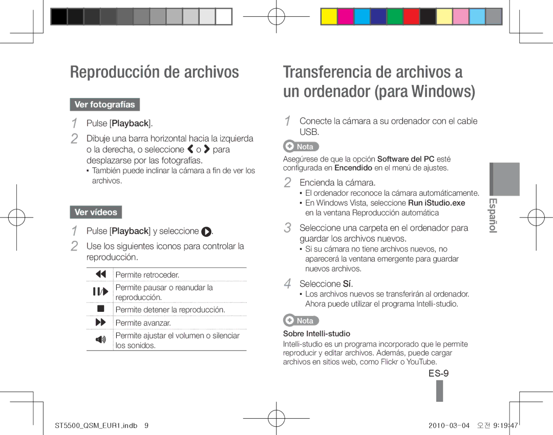 Samsung EC-ST5500BPOIL, EC-ST5500BPBE1, EC-ST5500BPOIT manual Reproducción de archivos, ES-9, Ver fotografías, Ver vídeos 