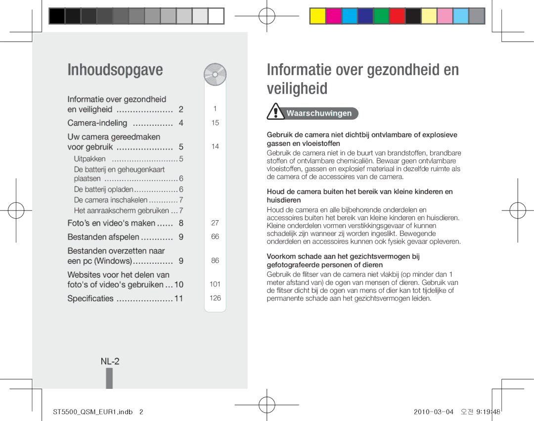 Samsung EC-ST5500BPAE3, EC-ST5500BPBE1 manual Inhoudsopgave, Informatie over gezondheid en veiligheid, NL-2, Waarschuwingen 