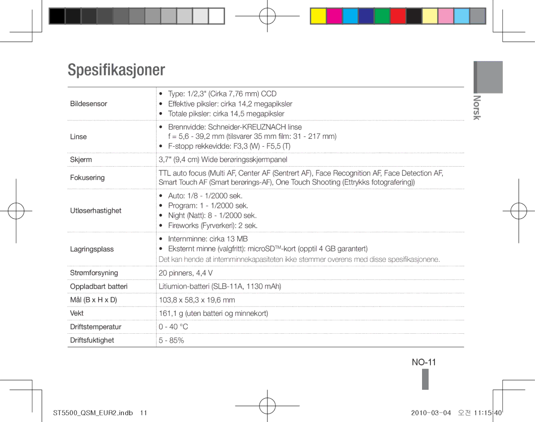 Samsung EC-ST5500BPOIT, EC-ST5500BPBE1, EC-ST5500BPBIT, EC-ST5500BPAIT, EC-ST5500BPBSA, EC-ST5500BPBIL Spesifikasjoner, NO-11 