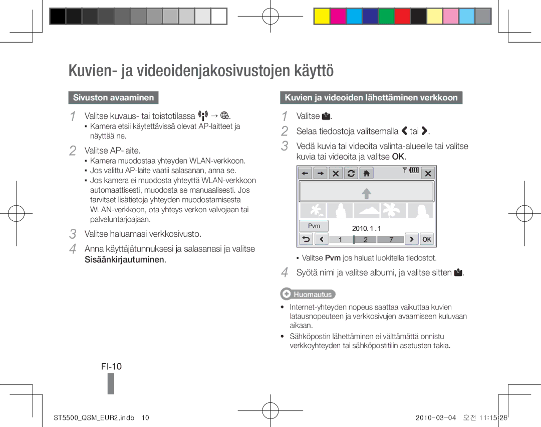 Samsung EC-ST5500BPBE1, EC-ST5500BPOIT, EC-ST5500BPBIT Kuvien- ja videoidenjakosivustojen käyttö, FI-10, Sivuston avaaminen 