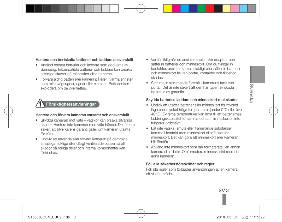 Samsung EC-ST5500BPAIT manual SV-3, Hantera och bortskaffa batterier och laddare ansvarsfullt, Försiktighetsanvisningar 