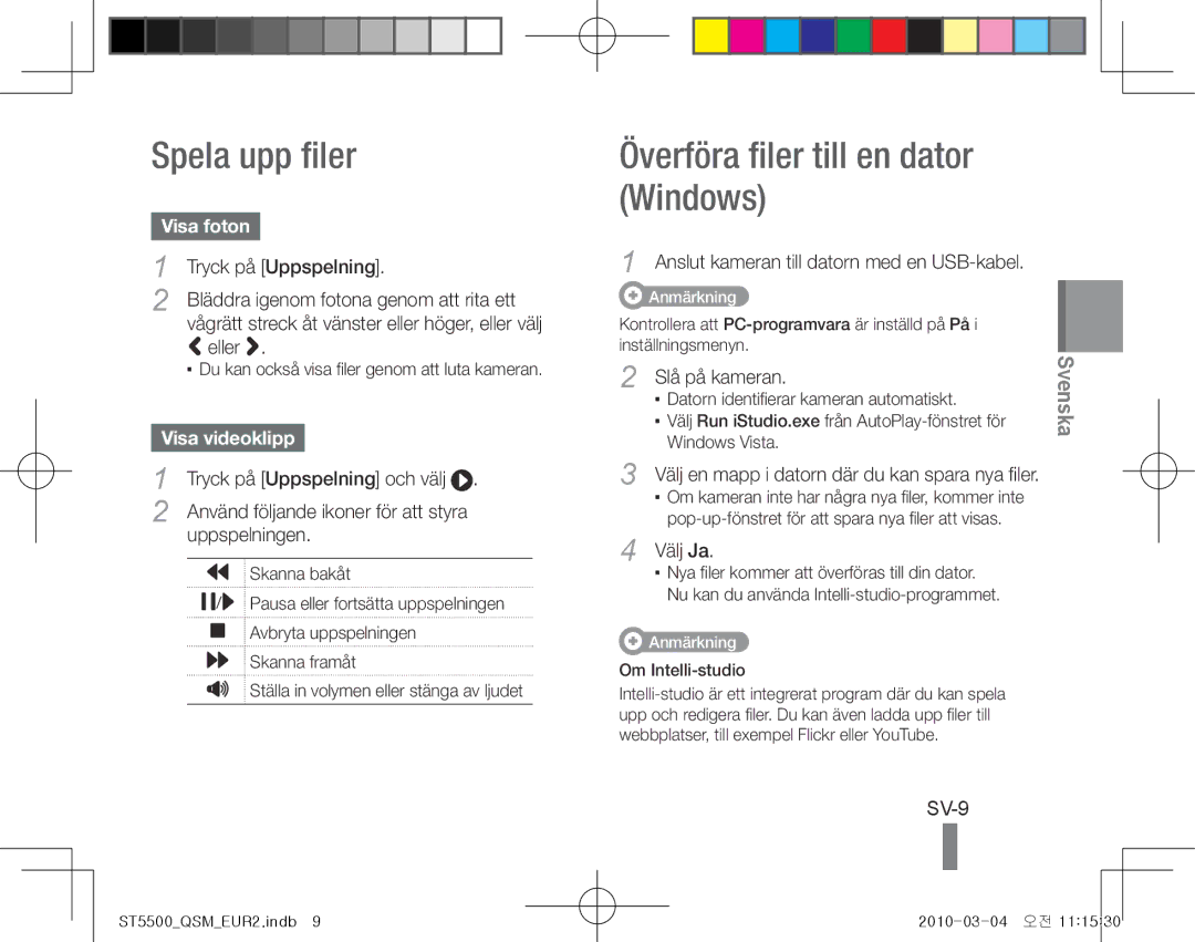 Samsung EC-ST5500DPBAS manual Spela upp filer, Överföra filer till en dator Windows, SV-9, Visa foton, Visa videoklipp 