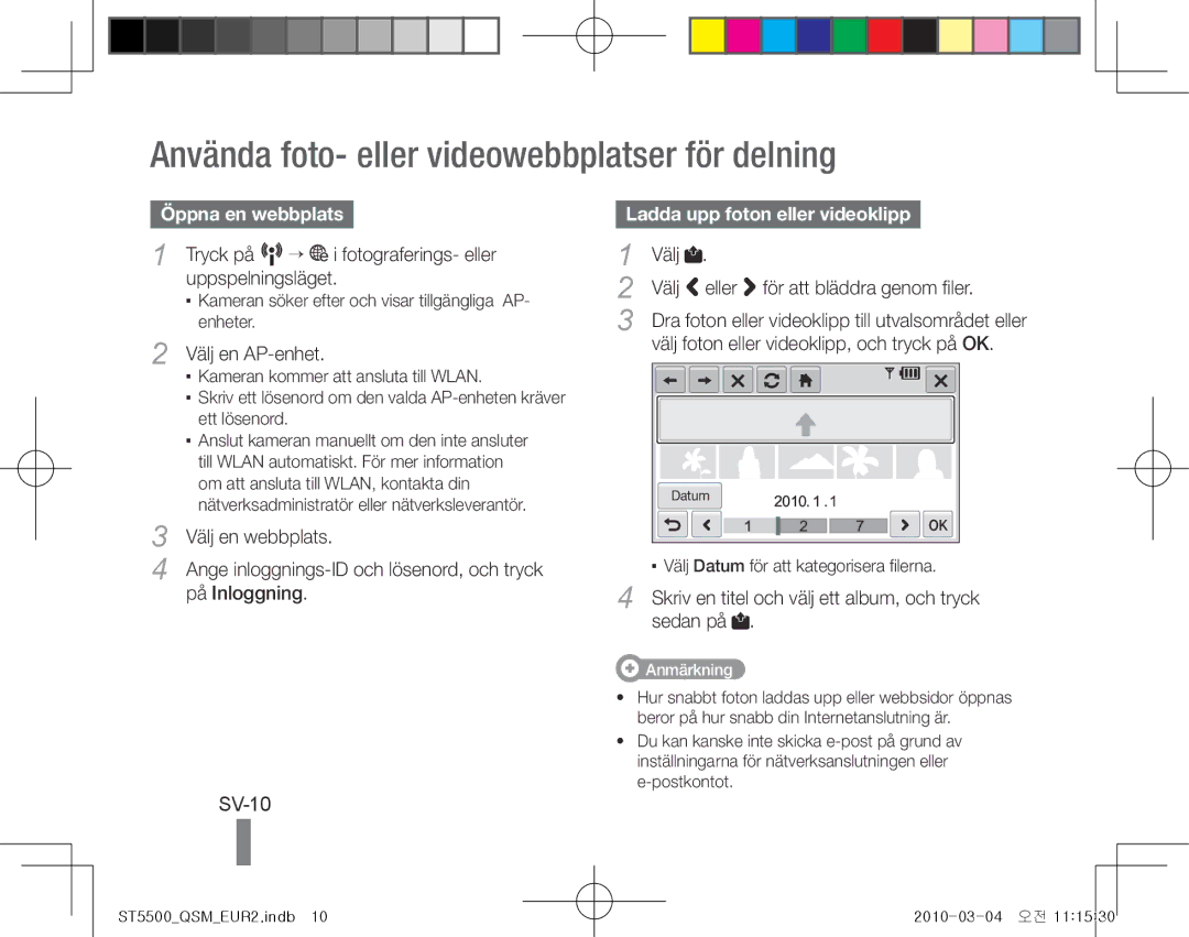 Samsung EC-ST5500BPBE3, EC-ST5500BPBE1 manual Använda foto- eller videowebbplatser för delning, SV-10, Öppna en webbplats 