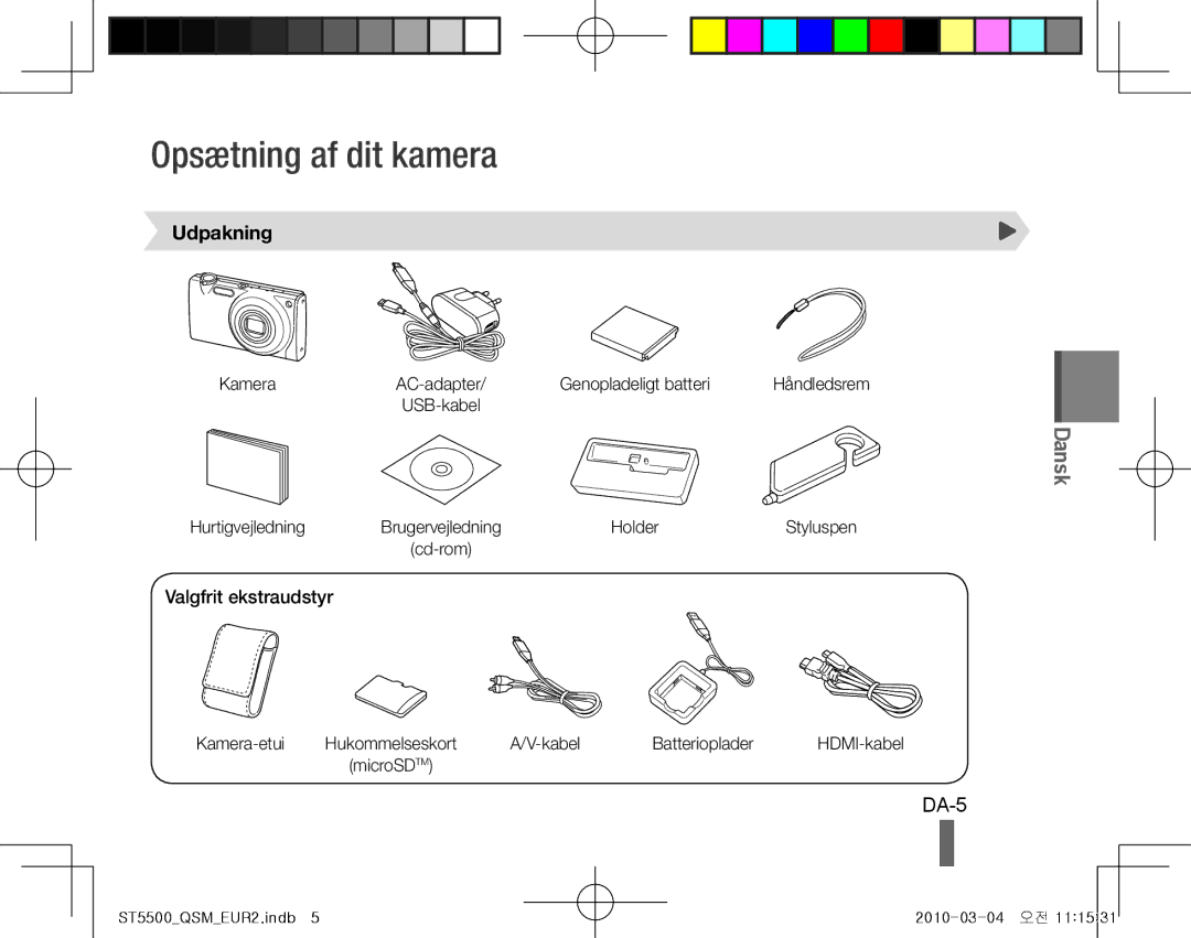 Samsung EC-ST5500BPBRU, EC-ST5500BPBE1, EC-ST5500BPOIT manual Opsætning af dit kamera, DA-5, Udpakning, Valgfrit ekstraudstyr 