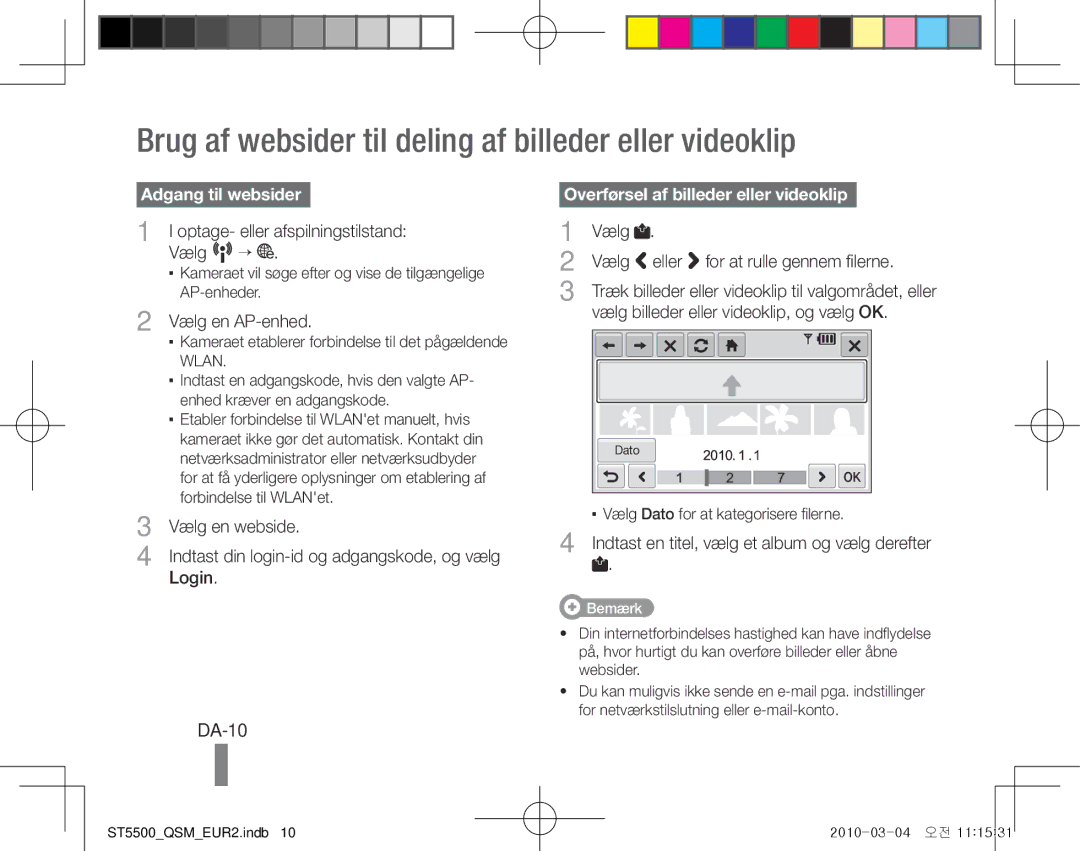 Samsung EC-ST5500BPBE1, EC-ST5500BPOIT Brug af websider til deling af billeder eller videoklip, DA-10, Adgang til websider 