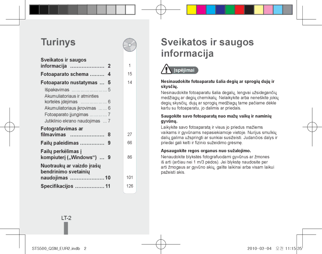 Samsung EC-ST5500BPBIT, EC-ST5500BPBE1, EC-ST5500BPOIT manual Turinys, Sveikatos ir saugos informacija, LT-2, Įspėjimai 