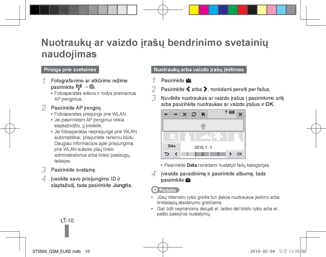 Samsung EC-ST5500BPBE3 manual Nuotraukų ar vaizdo įrašų bendrinimo svetainių naudojimas, LT-10, Prieiga prie svetainės 