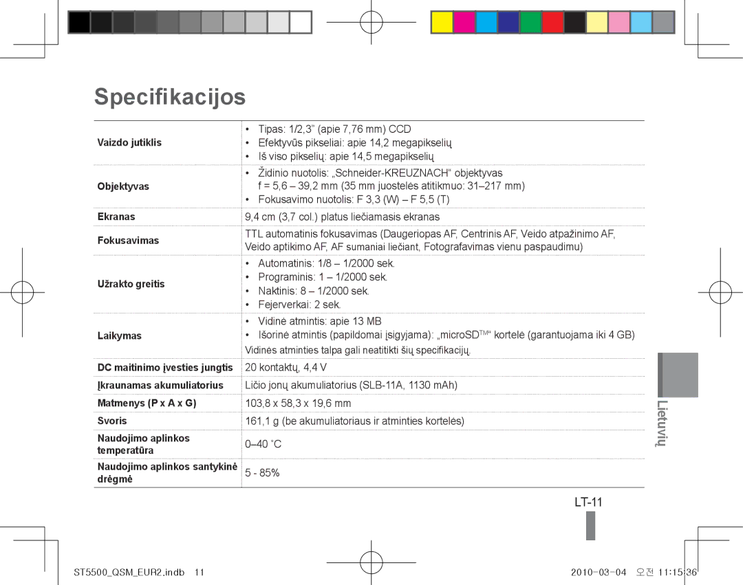 Samsung EC-ST5500BPOE3, EC-ST5500BPBE1, EC-ST5500BPOIT, EC-ST5500BPBIT, EC-ST5500BPAIT, EC-ST5500BPBSA Specifikacijos, LT-11 